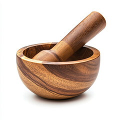 Wooden mortar and pestle set for grinding spices, herbs, and seeds in rustic kitchen, traditional culinary tools for cooking enthusiasts