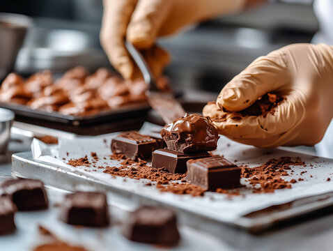 Artisan shapes and decorates gourmet chocolate truffles with precision in a workshop