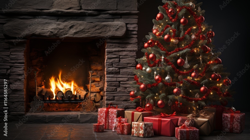 Poster a cozy fireplace with a christmas tree in front of it. the tree is decorated with many red ornaments