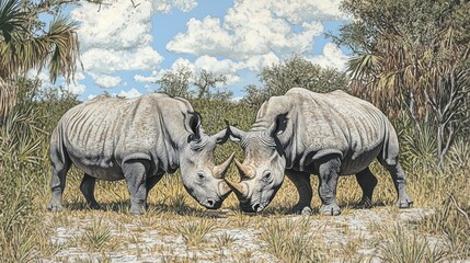 Fototapeta premium Rhinos Grazing in a Sunny African Landscape