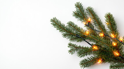 Snowy pine branches with yellow fairy lights on white background