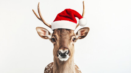Reindeer wearing Santa hat facing camera