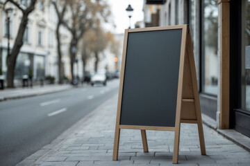 Blank black chalkboard in a wooden frame placed on the sidewalk near the entrance of a street café, with an open door and urban backdrop.