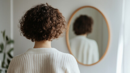 A woman with short, curly hair stands with her back to the camera, looking in a mirror