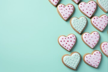 Valentine Cookies with Love: Homemade Bakery Treats for Holiday Events with Decorated Frosting on a Mint Background
