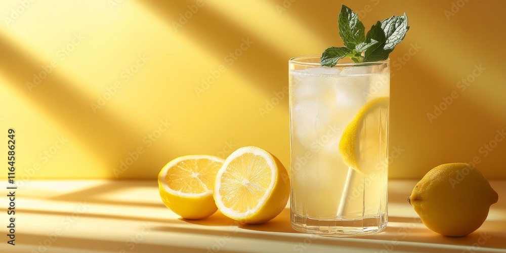 Poster a glass of lemonade with a lemon slice in it. there are two lemons on the table
