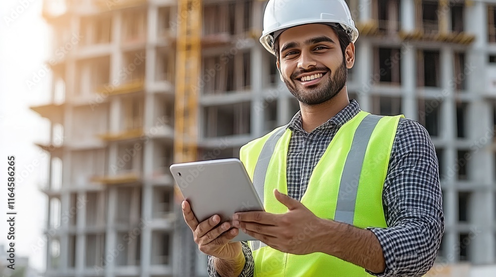 Aufkleber engineer with a joyful expression uses a tablet to access data while standing confidently on the con
