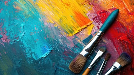 Obraz premium Vibrant Artistic Concept: Paintbrush and Colorful Palette in Blue Background
