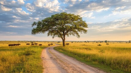 Obraz premium Serene Dirt Road Under Tall Tree at Golden Hour