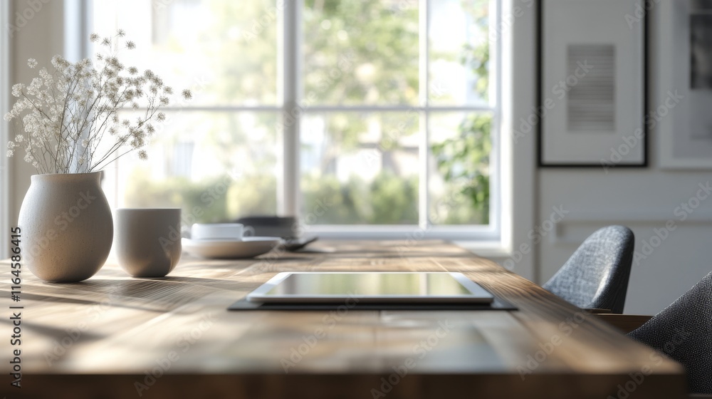Poster a wooden dining table with a tablet and two vases on it. the tablet is placed on the table, and the 