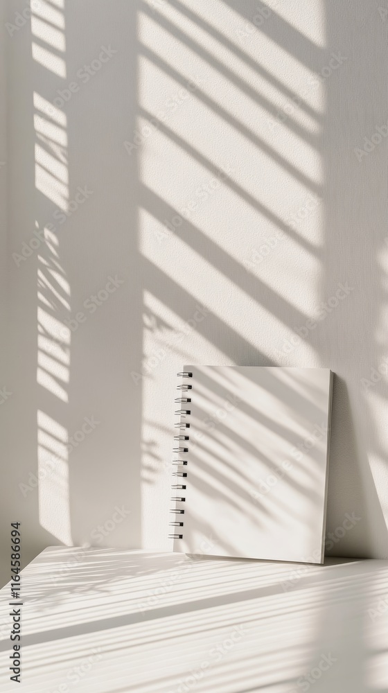Poster a white notebook sits on a table in front of a window. the sunlight casts a shadow on the notebook, 