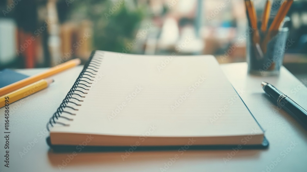 Poster a notebook is open on a table with a pencil and a pen. the pencils are yellow and the pen is black. 
