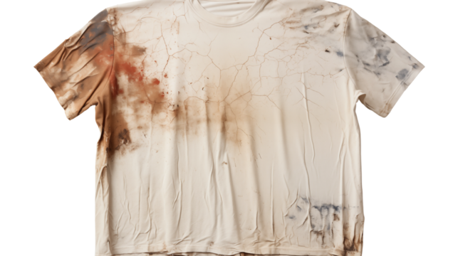 A dirty white t-shirt with visible stains, showcasing wear and tear, studio view, isolated on transparent background.