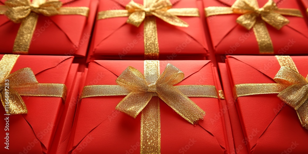 Poster a row of red boxes with gold ribbons on them. the boxes are all the same size and shape