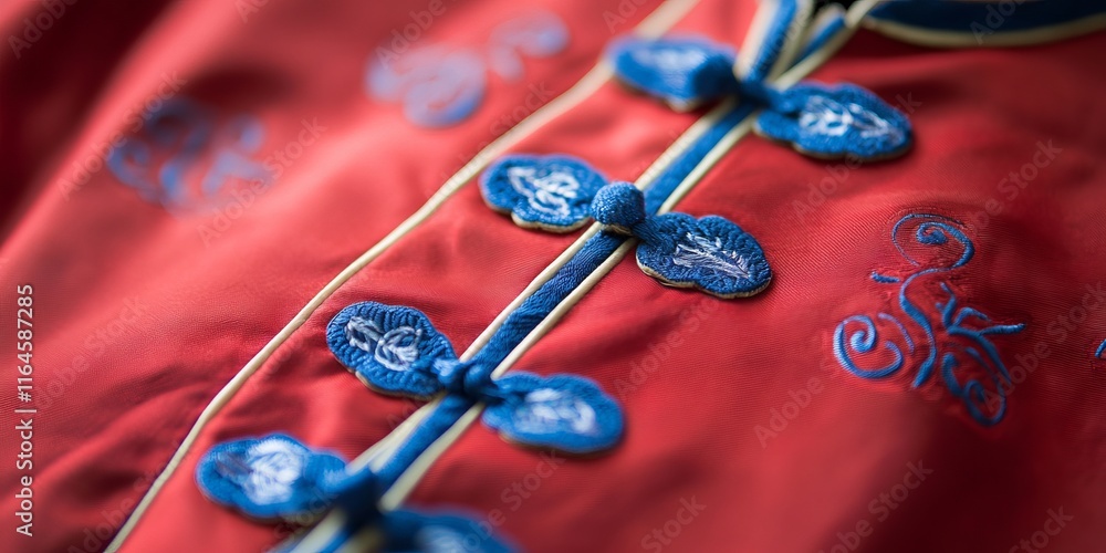 Poster a red and blue jacket with intricate embroidery on the collar and cuffs. the jacket is made of a sof