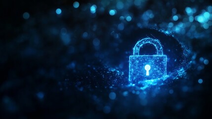 A glowing digital padlock symbolizing cybersecurity amidst an abstract blue light background