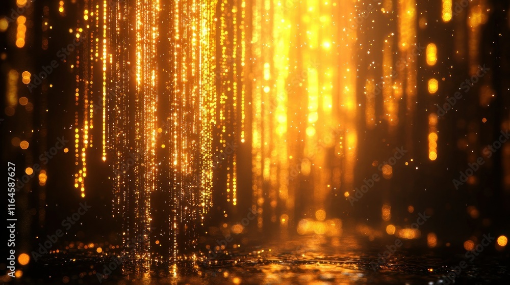 Poster golden particles falling with bokeh effect.