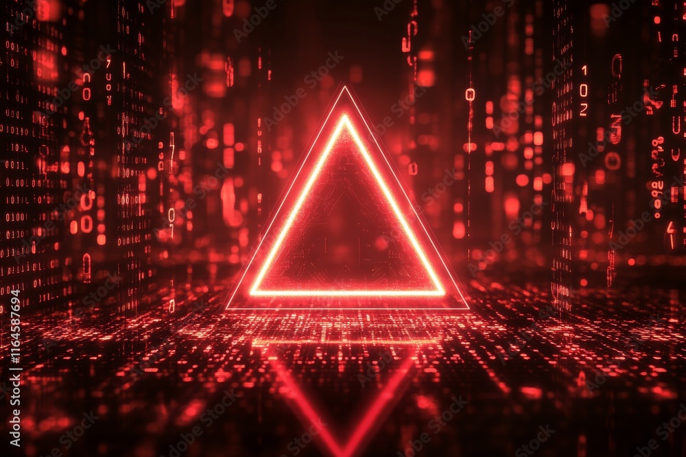 Aufkleber glowing red triangle exclamation mark a cybersecurity alarm amidst binary code in dark digital art