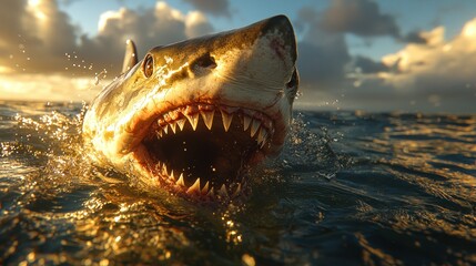 Great white shark with open jaws breaches ocean surface at sunset.