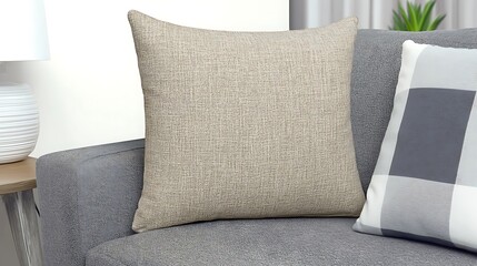 Beige Textured Pillow on Gray Sofa with Patterned Pillow