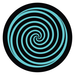 Hypnotic spiral pattern, neon cyan glow vector art illustration on black background