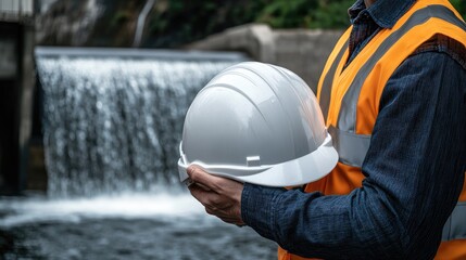 Close-up of an engineer in a blue shirt assessing construction at a dam, helmet in hand, with cranes and mountains in the background
