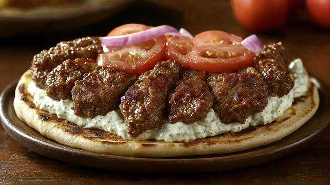 Greek keftedakia, grilled meatballs on pita with tzatziki, tomatoes, and onions.