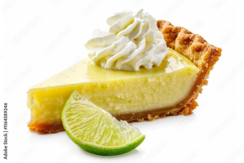 Poster a slice of lemon meringue pie with a wedge of lime on the side. the pie is cut in half and the lime 
