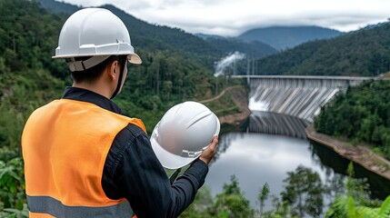 Close-up of an engineer in a blue shirt assessing construction at a dam, helmet in hand, with cranes and mountains in the background