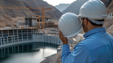 Close-up of an engineer in a blue shirt assessing construction at a dam, helmet in hand, with cranes and mountains in the background