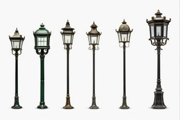 Vintage Street Lamp Post and Lantern Set. Realistic Outdoor Lamp Posts Isolated on White. Retro...