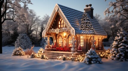 Fototapeta premium A small house with a snow covered roof and a Christmas tree on the roof. The house is lit up with lights and he is a cozy and festive place