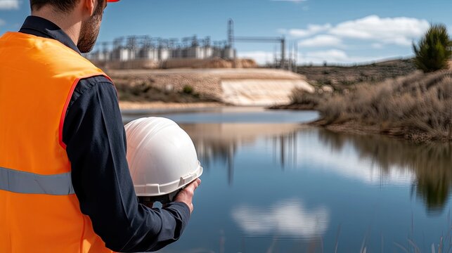 Close-up of an engineer in a blue shirt assessing construction at a dam, helmet in hand, with cranes and mountains in the background