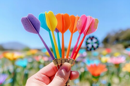 Human Hand Holding Colorful Darts Close-up on Target Background