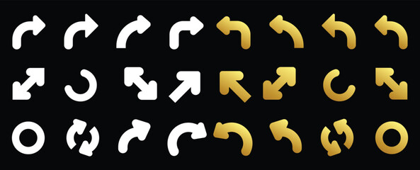 Dynamic arrow icons in gold and white on black background