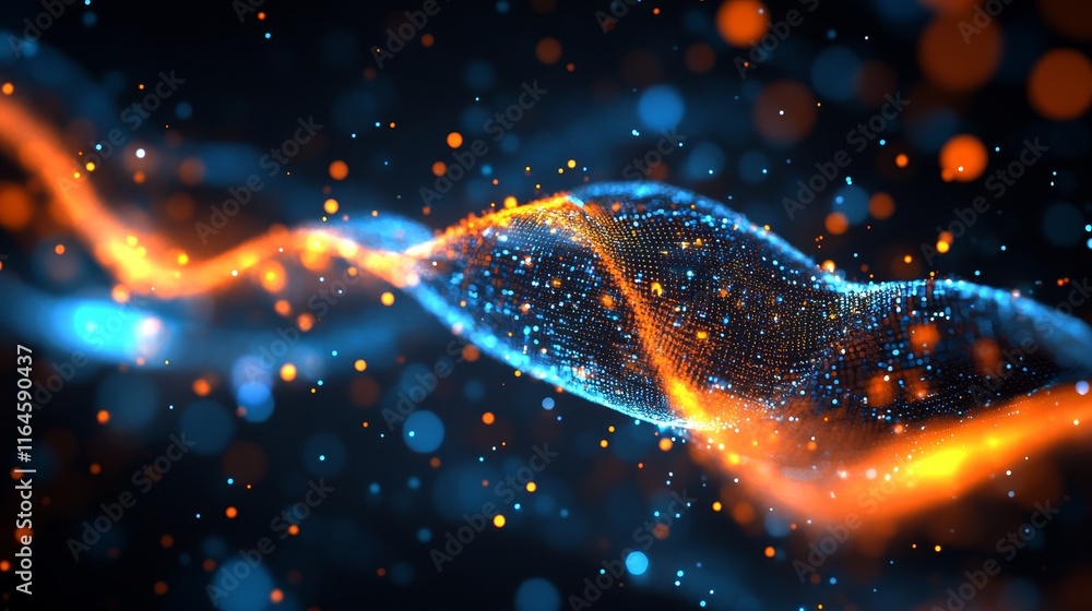 Poster abstract financial visualization with glowing orange and blue data points and graphs trends