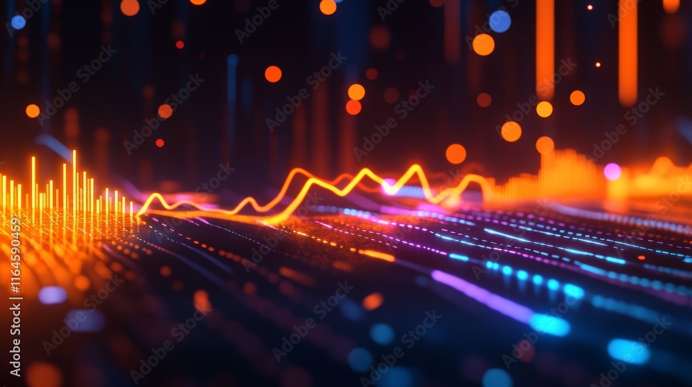 Aufkleber illuminated 3d stock market visualization featuring line graphs and bar charts on dark background