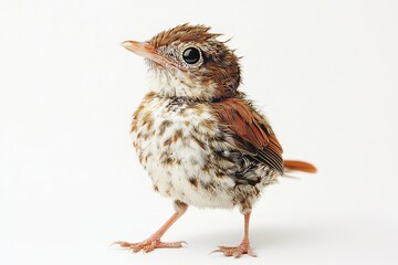 Fototapeta premium Close-up of a cute baby bird with fluffy feathers, standing against a plain white backdrop.