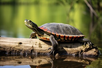 Obraz premium Western Painted Turtle Perched on Fallen Log in Lake Sammamish State Park. Horizontal shot with copy space