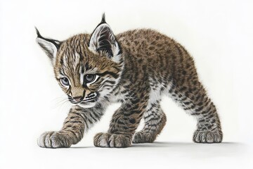 A cute bobcat kitten walking with focus, showcasing its detailed fur patterns against a plain white background.
