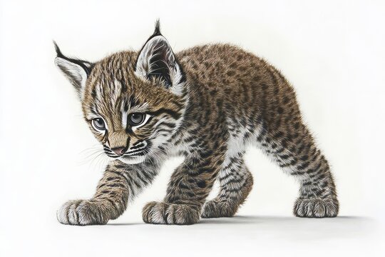 A cute bobcat kitten walking with focus, showcasing its detailed fur patterns against a plain white background.