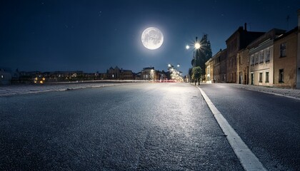 empty city street at night with full moon