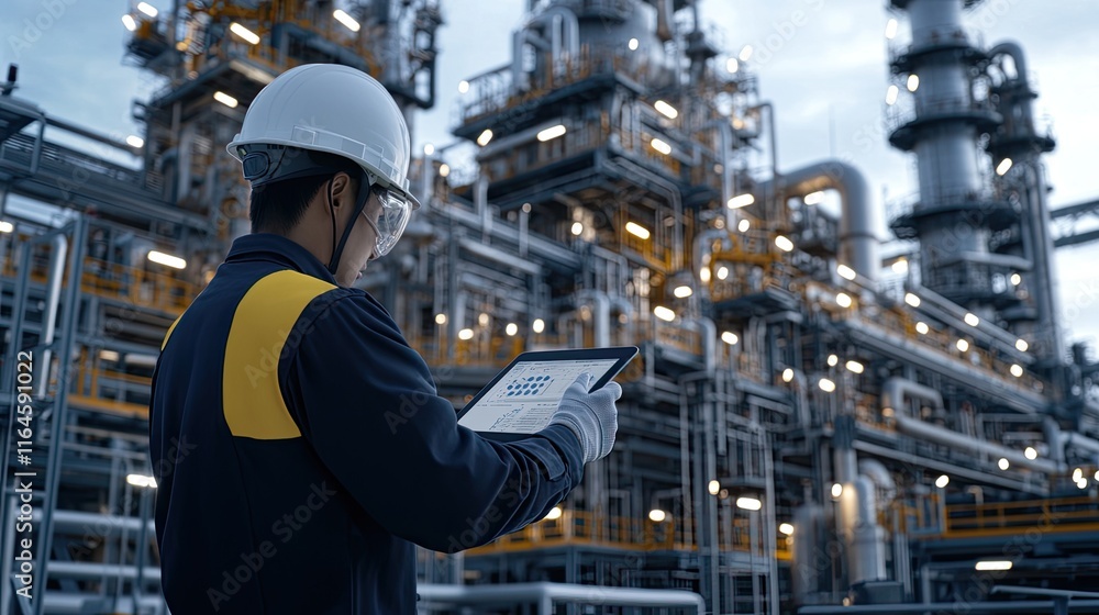 Poster an industrial engineer reviews data on a tablet while overseeing processes at an expansive oil and g