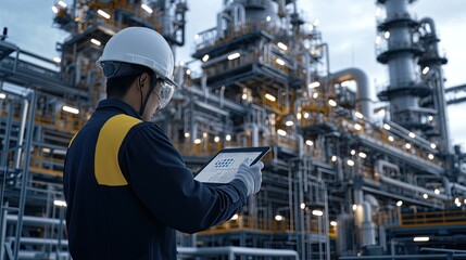 An industrial engineer reviews data on a tablet while overseeing processes at an expansive oil and gas facility in natural light