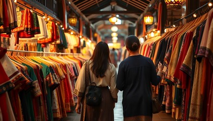 Fototapeta premium Asian Market: Women Shopping Vibrant Textiles, Warm Evening Ambiance