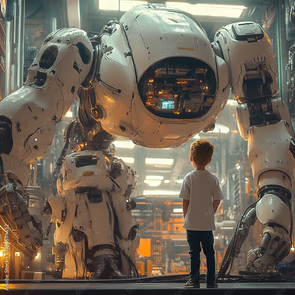 Aufkleber child interacting with advanced robot futuristic workshop digital art high-tech environment eye-leve