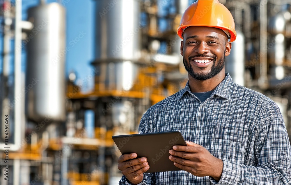 Poster an industrial engineer reviews data on a tablet while overseeing processes at an expansive oil and g