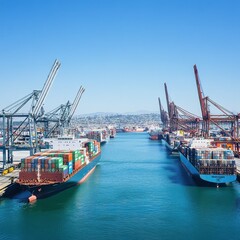 Fototapeta premium Container ships at a busy port, docked with cranes.