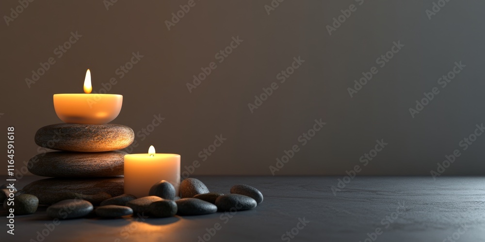 Poster two candles are lit on a table with a pile of rocks in front of them. the rocks are arranged in a py