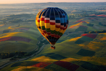 Obraz premium Hot Air Balloon Over Sunrise Fields